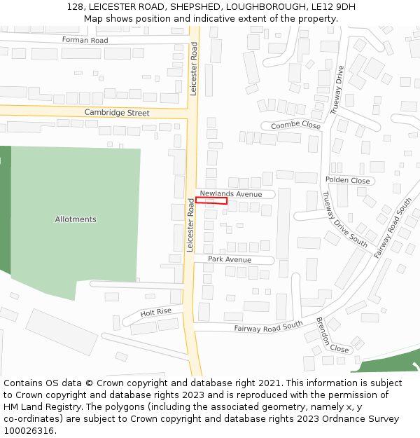 128, LEICESTER ROAD, SHEPSHED, LOUGHBOROUGH, LE12 9DH: Location map and indicative extent of plot