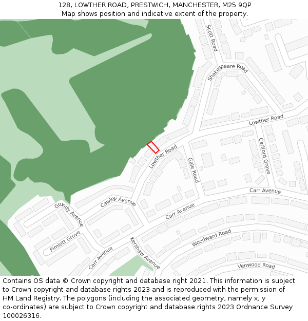 128, LOWTHER ROAD, PRESTWICH, MANCHESTER, M25 9QP: Location map and indicative extent of plot