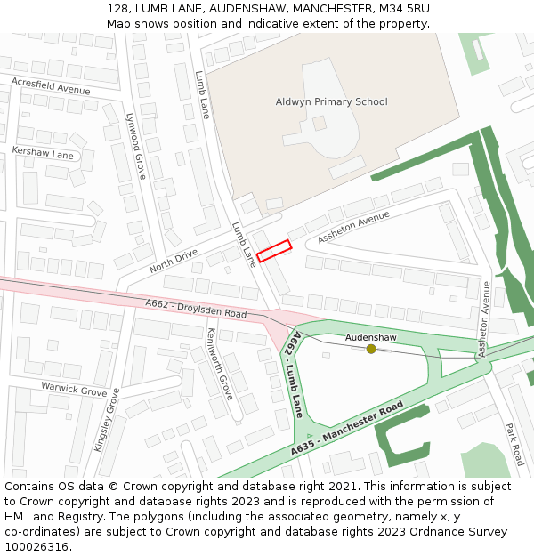 128, LUMB LANE, AUDENSHAW, MANCHESTER, M34 5RU: Location map and indicative extent of plot