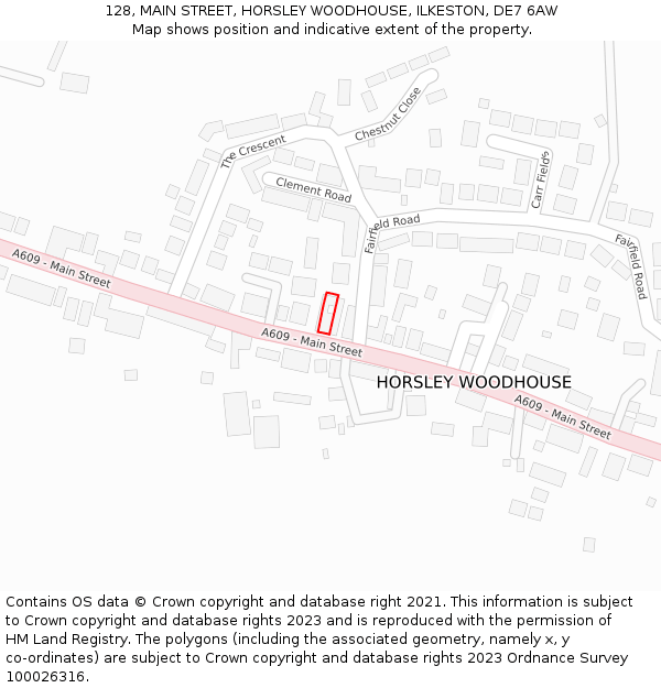 128, MAIN STREET, HORSLEY WOODHOUSE, ILKESTON, DE7 6AW: Location map and indicative extent of plot