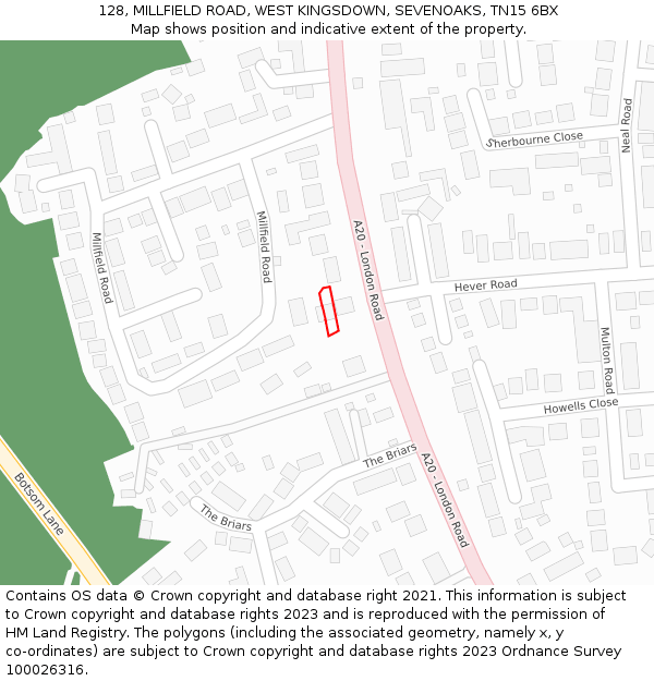 128, MILLFIELD ROAD, WEST KINGSDOWN, SEVENOAKS, TN15 6BX: Location map and indicative extent of plot