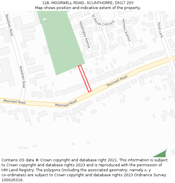 128, MOORWELL ROAD, SCUNTHORPE, DN17 2SY: Location map and indicative extent of plot