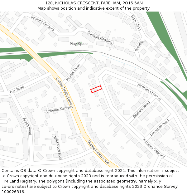 128, NICHOLAS CRESCENT, FAREHAM, PO15 5AN: Location map and indicative extent of plot