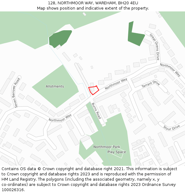 128, NORTHMOOR WAY, WAREHAM, BH20 4EU: Location map and indicative extent of plot