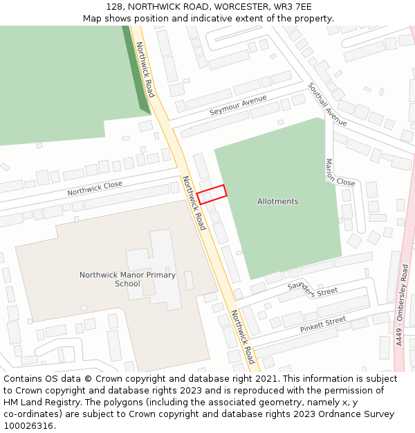 128, NORTHWICK ROAD, WORCESTER, WR3 7EE: Location map and indicative extent of plot