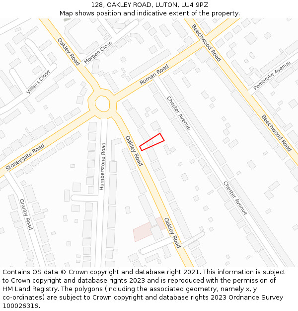 128, OAKLEY ROAD, LUTON, LU4 9PZ: Location map and indicative extent of plot