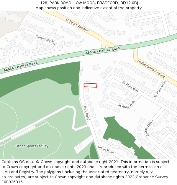 128, PARK ROAD, LOW MOOR, BRADFORD, BD12 0DJ: Location map and indicative extent of plot