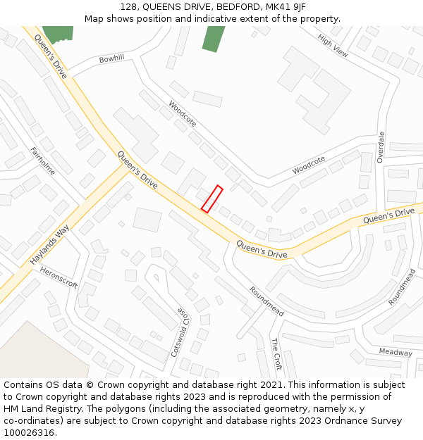 128, QUEENS DRIVE, BEDFORD, MK41 9JF: Location map and indicative extent of plot