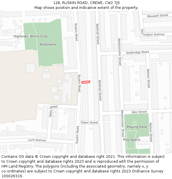 128, RUSKIN ROAD, CREWE, CW2 7JS: Location map and indicative extent of plot