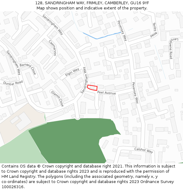 128, SANDRINGHAM WAY, FRIMLEY, CAMBERLEY, GU16 9YF: Location map and indicative extent of plot