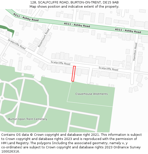 128, SCALPCLIFFE ROAD, BURTON-ON-TRENT, DE15 9AB: Location map and indicative extent of plot