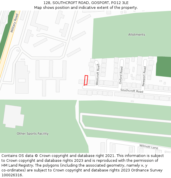 128, SOUTHCROFT ROAD, GOSPORT, PO12 3LE: Location map and indicative extent of plot