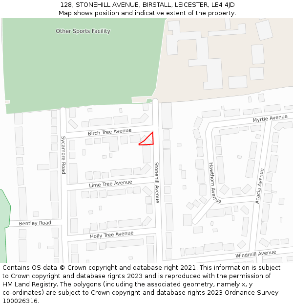 128, STONEHILL AVENUE, BIRSTALL, LEICESTER, LE4 4JD: Location map and indicative extent of plot