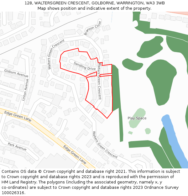 128, WALTERSGREEN CRESCENT, GOLBORNE, WARRINGTON, WA3 3WB: Location map and indicative extent of plot