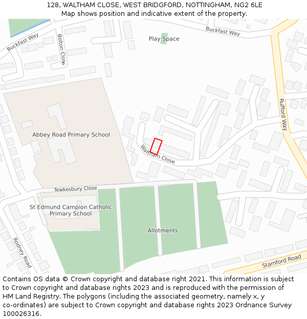 128, WALTHAM CLOSE, WEST BRIDGFORD, NOTTINGHAM, NG2 6LE: Location map and indicative extent of plot