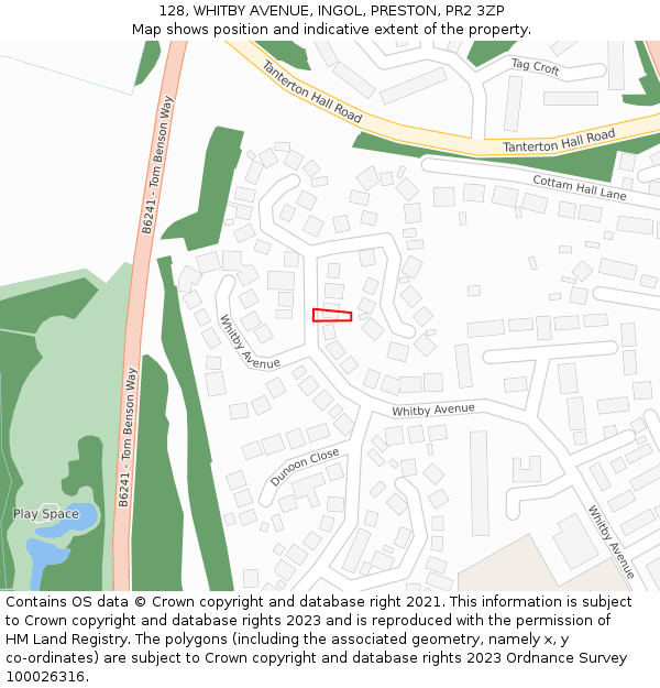 128, WHITBY AVENUE, INGOL, PRESTON, PR2 3ZP: Location map and indicative extent of plot