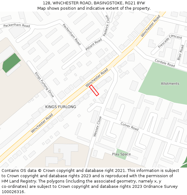 128, WINCHESTER ROAD, BASINGSTOKE, RG21 8YW: Location map and indicative extent of plot