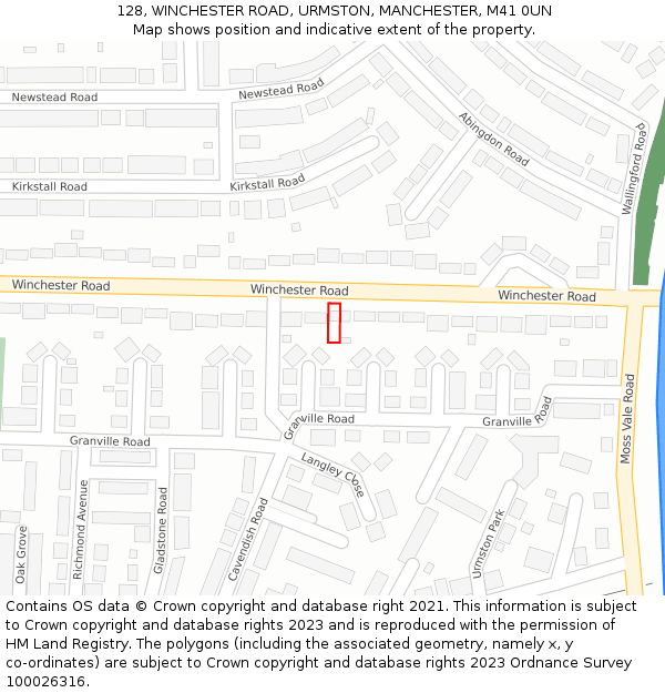 128, WINCHESTER ROAD, URMSTON, MANCHESTER, M41 0UN: Location map and indicative extent of plot