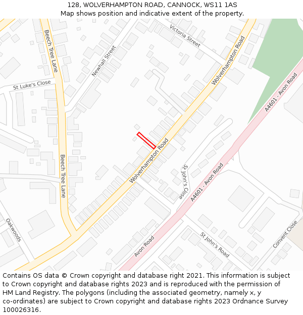 128, WOLVERHAMPTON ROAD, CANNOCK, WS11 1AS: Location map and indicative extent of plot