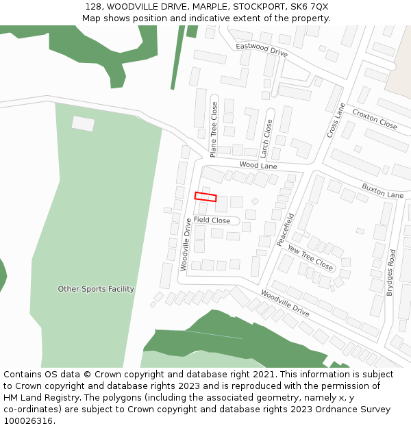 128, WOODVILLE DRIVE, MARPLE, STOCKPORT, SK6 7QX: Location map and indicative extent of plot