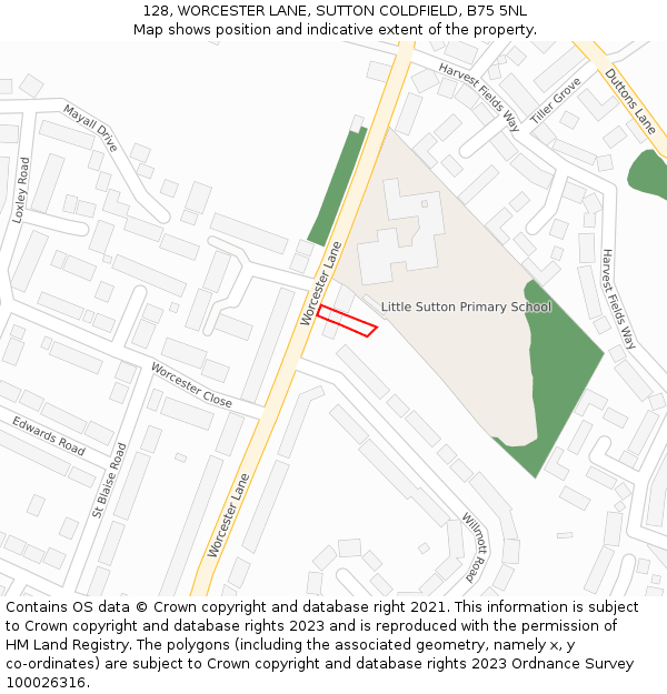 128, WORCESTER LANE, SUTTON COLDFIELD, B75 5NL: Location map and indicative extent of plot