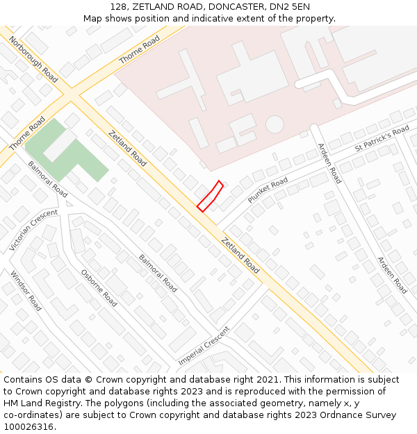 128, ZETLAND ROAD, DONCASTER, DN2 5EN: Location map and indicative extent of plot