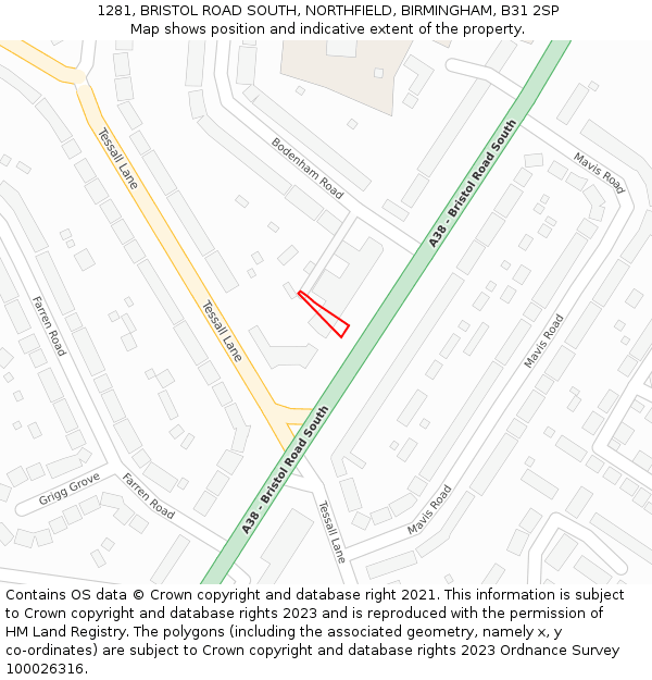 1281, BRISTOL ROAD SOUTH, NORTHFIELD, BIRMINGHAM, B31 2SP: Location map and indicative extent of plot