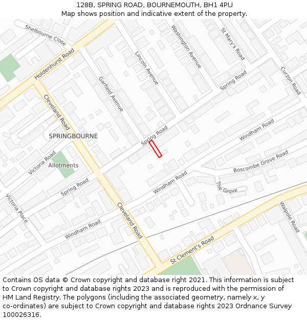 128B, SPRING ROAD, BOURNEMOUTH, BH1 4PU: Location map and indicative extent of plot