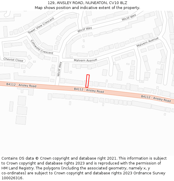 129, ANSLEY ROAD, NUNEATON, CV10 8LZ: Location map and indicative extent of plot