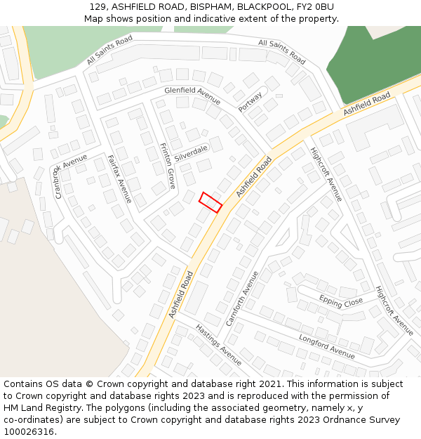 129, ASHFIELD ROAD, BISPHAM, BLACKPOOL, FY2 0BU: Location map and indicative extent of plot