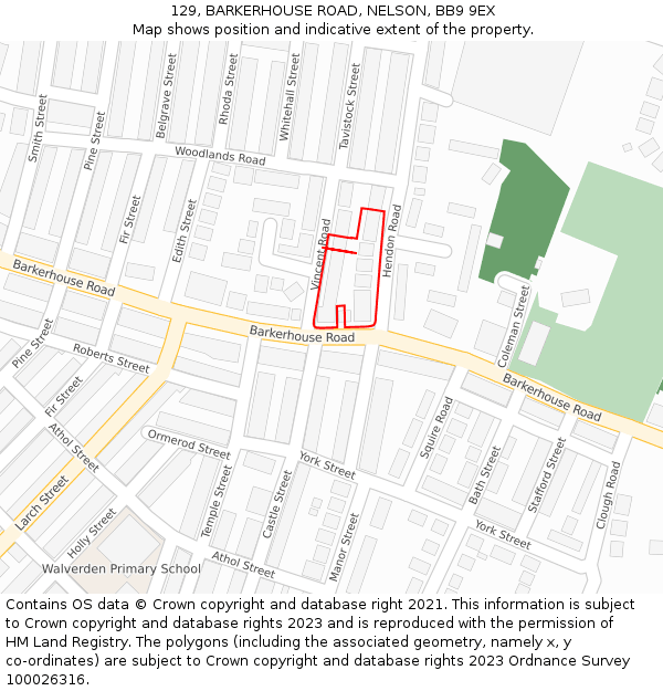 129, BARKERHOUSE ROAD, NELSON, BB9 9EX: Location map and indicative extent of plot