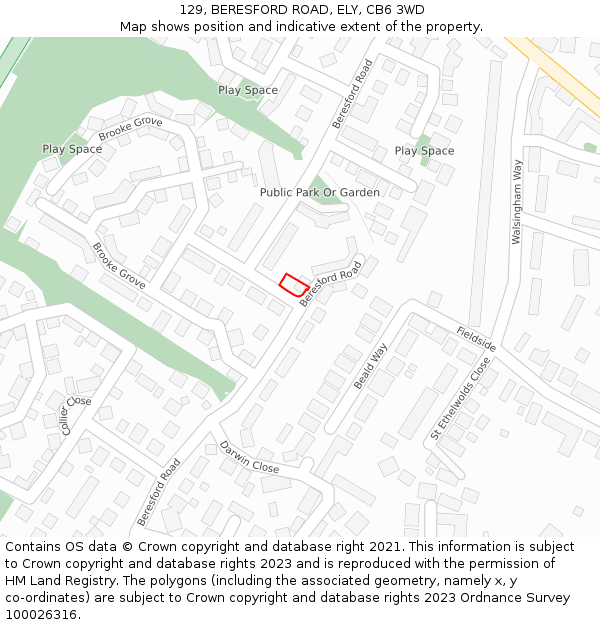 129, BERESFORD ROAD, ELY, CB6 3WD: Location map and indicative extent of plot