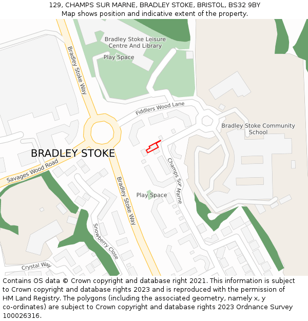 129, CHAMPS SUR MARNE, BRADLEY STOKE, BRISTOL, BS32 9BY: Location map and indicative extent of plot