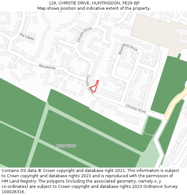 129, CHRISTIE DRIVE, HUNTINGDON, PE29 6JP: Location map and indicative extent of plot