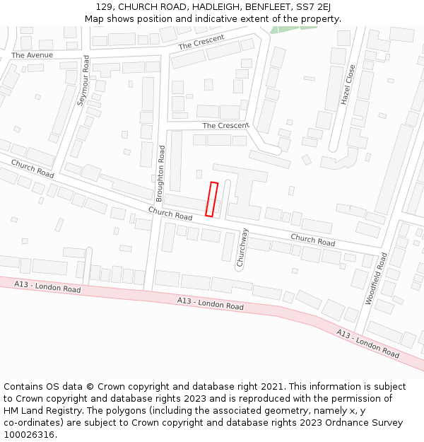 129, CHURCH ROAD, HADLEIGH, BENFLEET, SS7 2EJ: Location map and indicative extent of plot