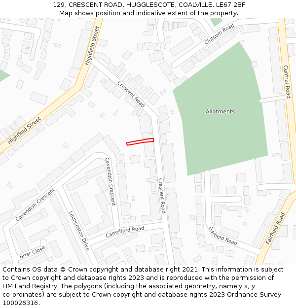 129, CRESCENT ROAD, HUGGLESCOTE, COALVILLE, LE67 2BF: Location map and indicative extent of plot