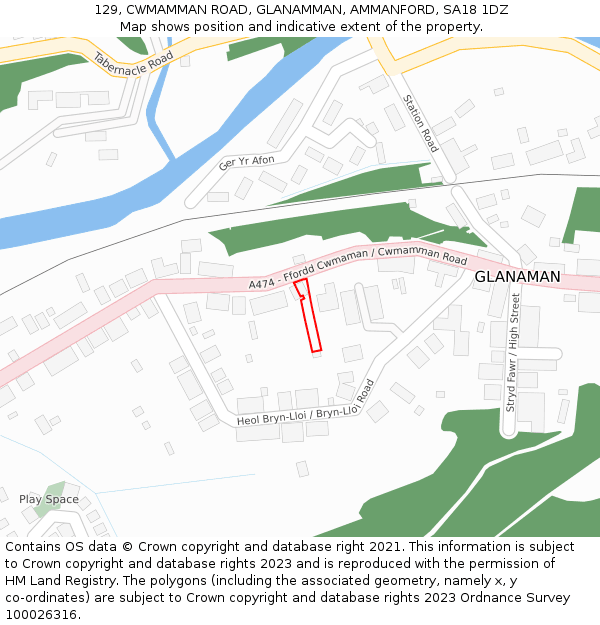 129, CWMAMMAN ROAD, GLANAMMAN, AMMANFORD, SA18 1DZ: Location map and indicative extent of plot