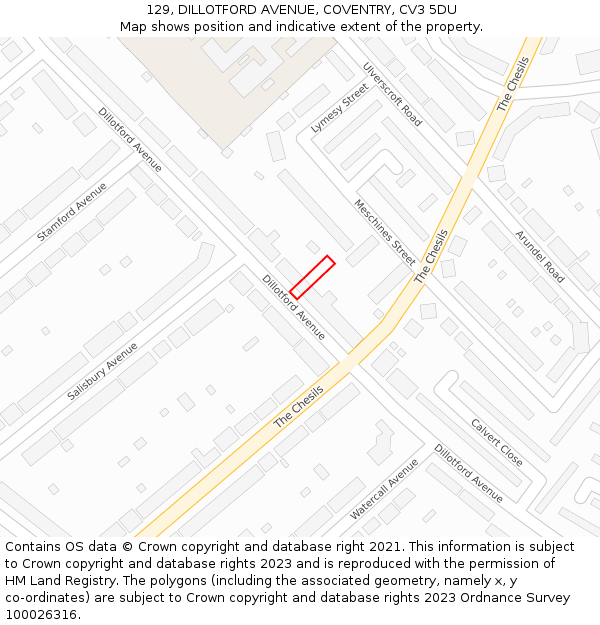 129, DILLOTFORD AVENUE, COVENTRY, CV3 5DU: Location map and indicative extent of plot