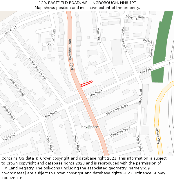 129, EASTFIELD ROAD, WELLINGBOROUGH, NN8 1PT: Location map and indicative extent of plot