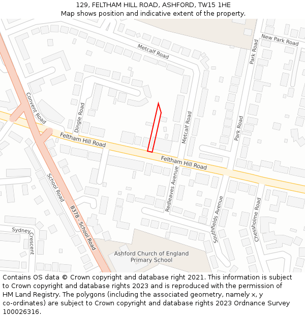 129, FELTHAM HILL ROAD, ASHFORD, TW15 1HE: Location map and indicative extent of plot