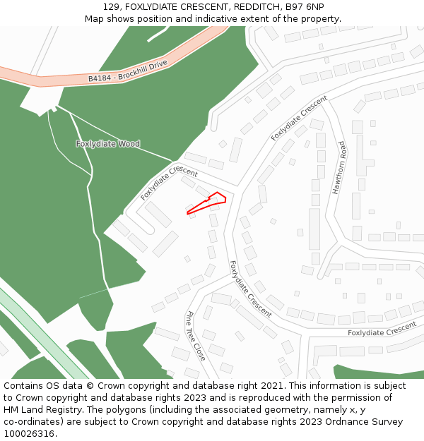 129, FOXLYDIATE CRESCENT, REDDITCH, B97 6NP: Location map and indicative extent of plot