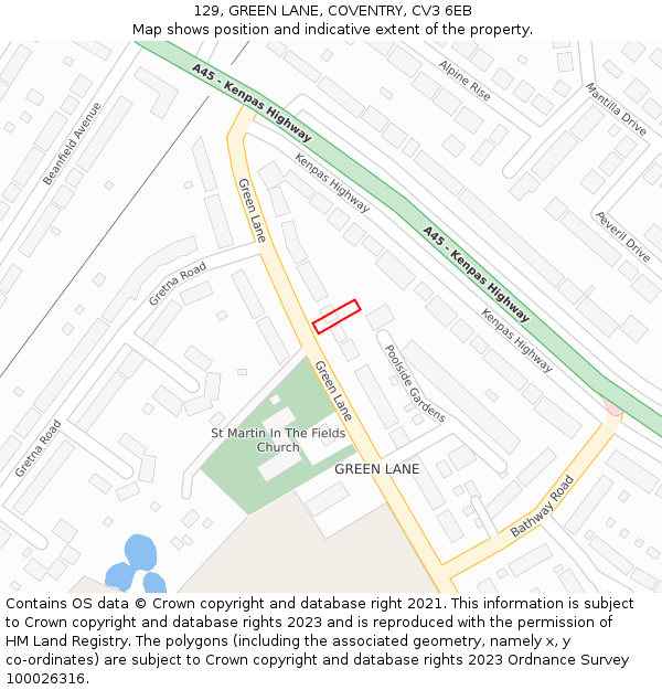129, GREEN LANE, COVENTRY, CV3 6EB: Location map and indicative extent of plot