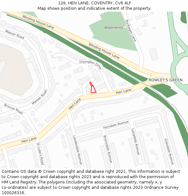 129, HEN LANE, COVENTRY, CV6 4LF: Location map and indicative extent of plot