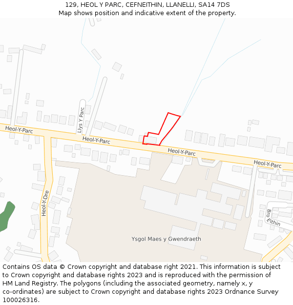 129, HEOL Y PARC, CEFNEITHIN, LLANELLI, SA14 7DS: Location map and indicative extent of plot