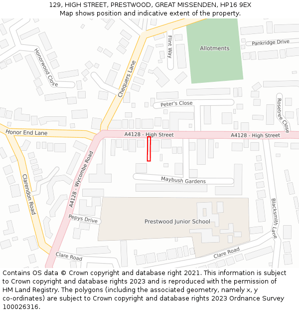 129, HIGH STREET, PRESTWOOD, GREAT MISSENDEN, HP16 9EX: Location map and indicative extent of plot