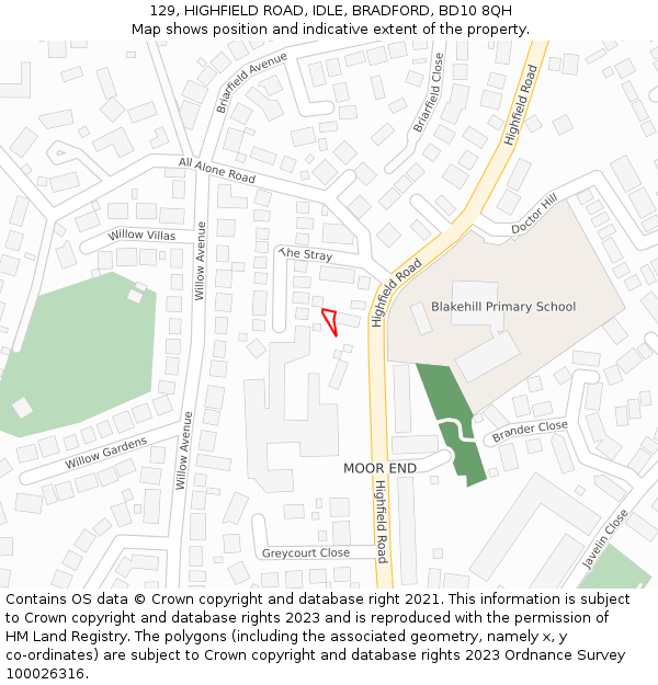129, HIGHFIELD ROAD, IDLE, BRADFORD, BD10 8QH: Location map and indicative extent of plot