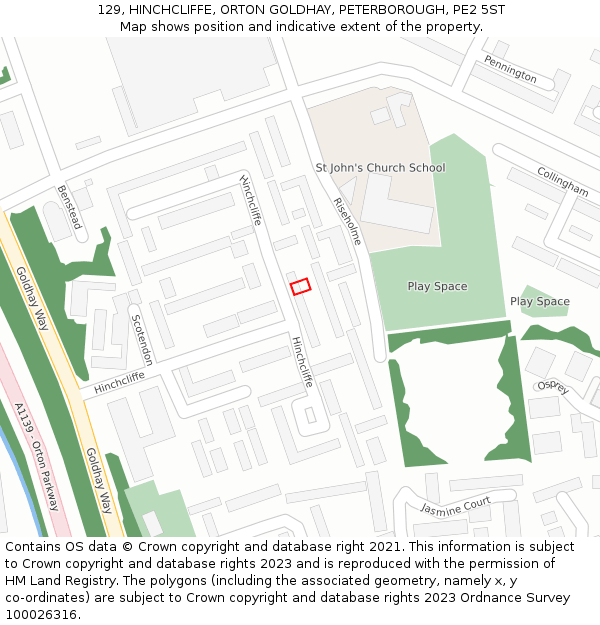 129, HINCHCLIFFE, ORTON GOLDHAY, PETERBOROUGH, PE2 5ST: Location map and indicative extent of plot