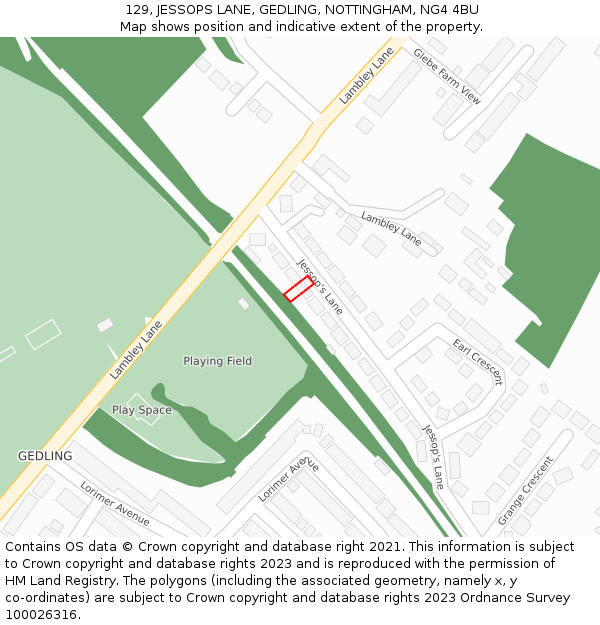 129, JESSOPS LANE, GEDLING, NOTTINGHAM, NG4 4BU: Location map and indicative extent of plot