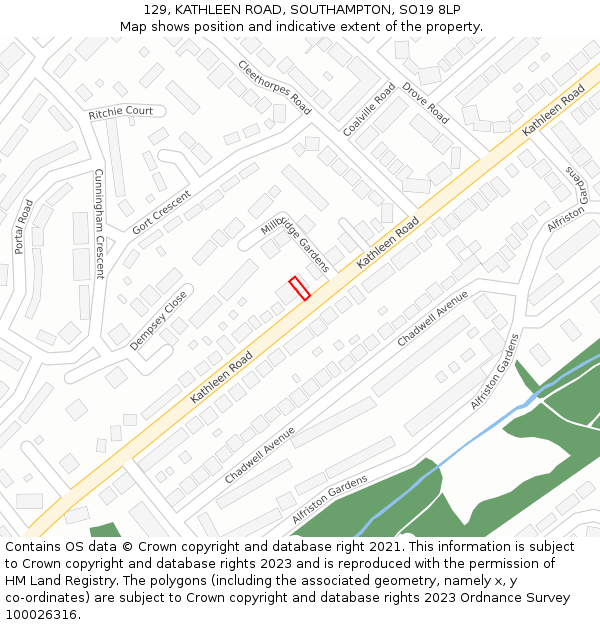 129, KATHLEEN ROAD, SOUTHAMPTON, SO19 8LP: Location map and indicative extent of plot