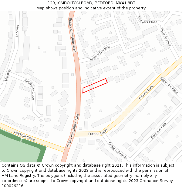 129, KIMBOLTON ROAD, BEDFORD, MK41 8DT: Location map and indicative extent of plot